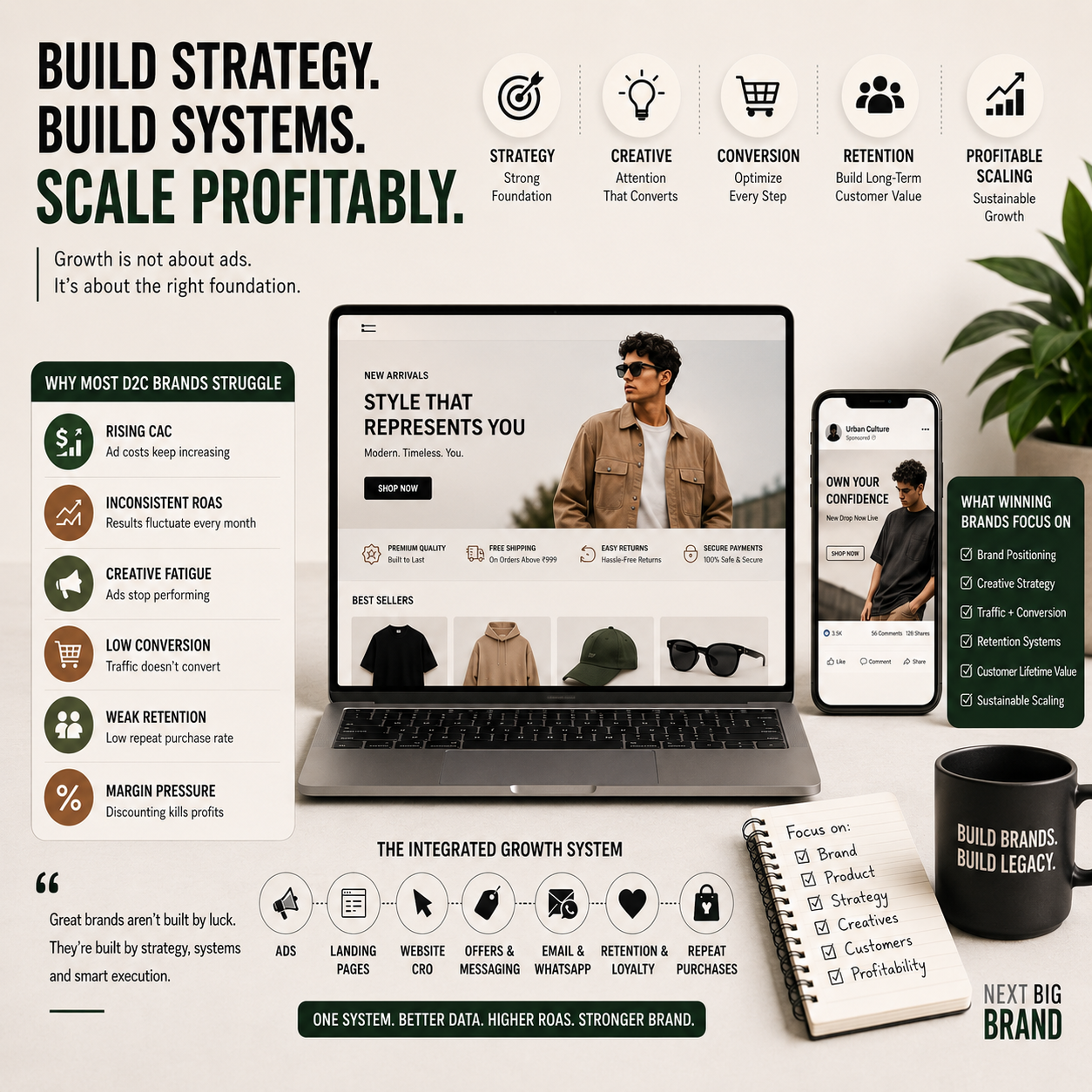 D2C growth strategy illustration showing brand positioning, creative strategy, conversion optimization, retention systems and profitable scaling for Indian ecommerce brands.