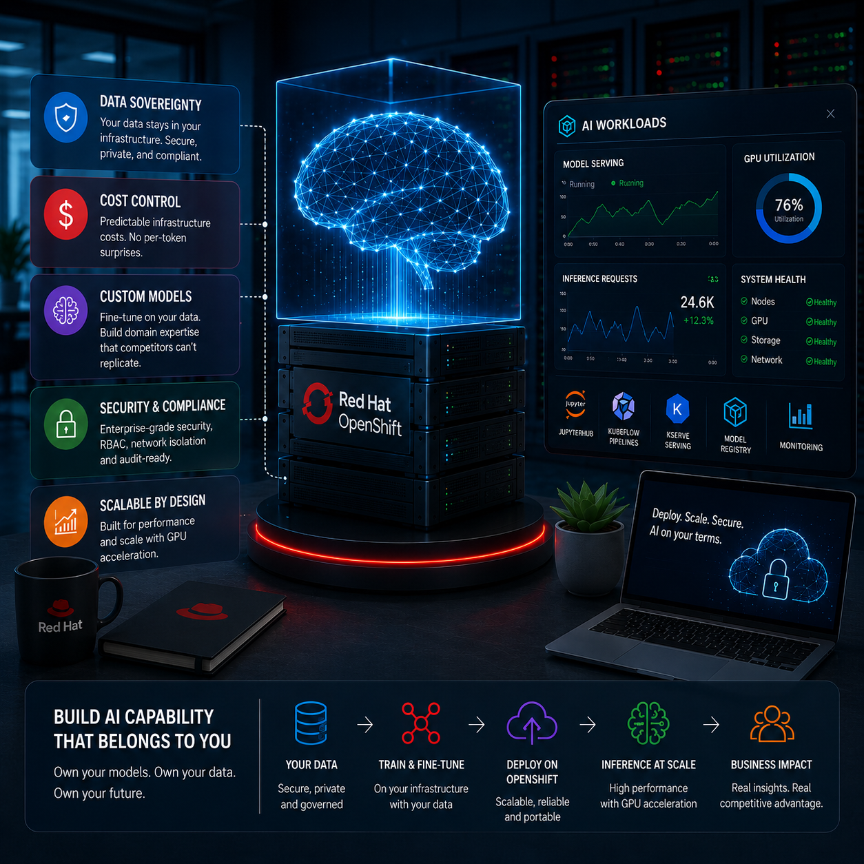 Enterprise AI infrastructure showing private large language model deployment on Red Hat OpenShift with secure data governance, scalability and cost control.