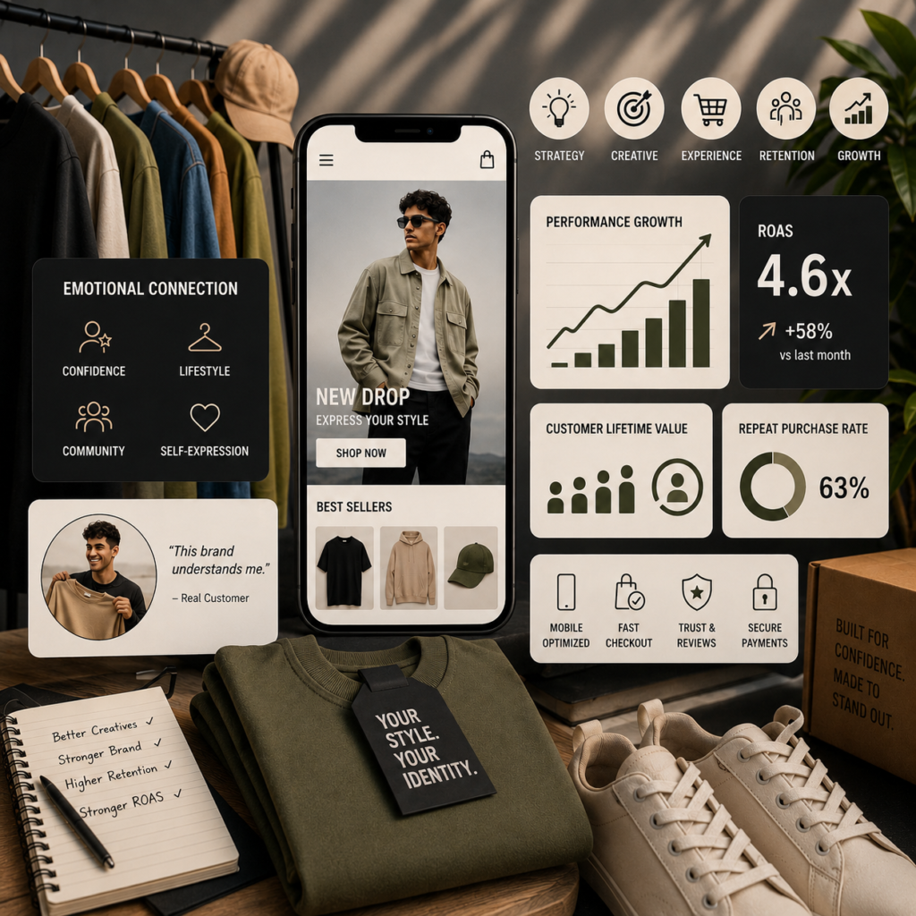 Fashion ecommerce growth strategy showing branding, retention marketing, creative ads, mobile optimization and ROAS improvement for Indian D2C fashion brands.